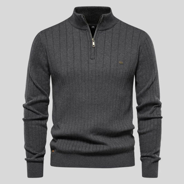 Gray Knit Stand-Collar Quarter Zip Sweater front view