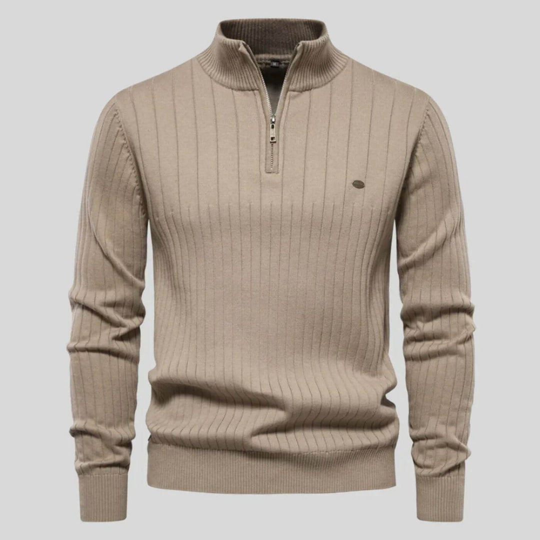 Beige Knit Stand-Collar Quarter Zip Sweater front view