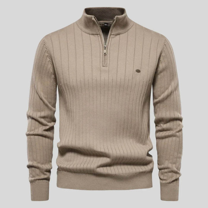 Beige Knit Stand-Collar Quarter Zip Sweater front view