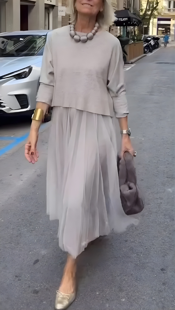 Apricot Knit-Top Pleated Tulle Midi Dress front view