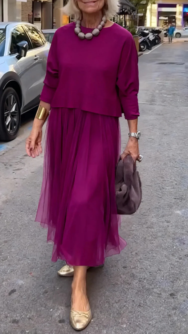 Knit-Top Pleated Tulle Midi Dress alternate view 3