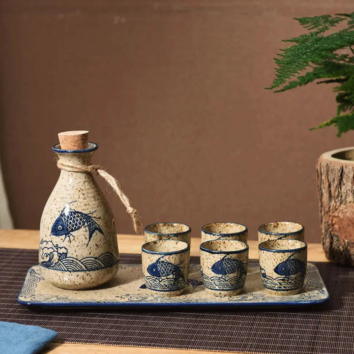 Koi Ceramic Sake Set with Warmer on serving tray side view
