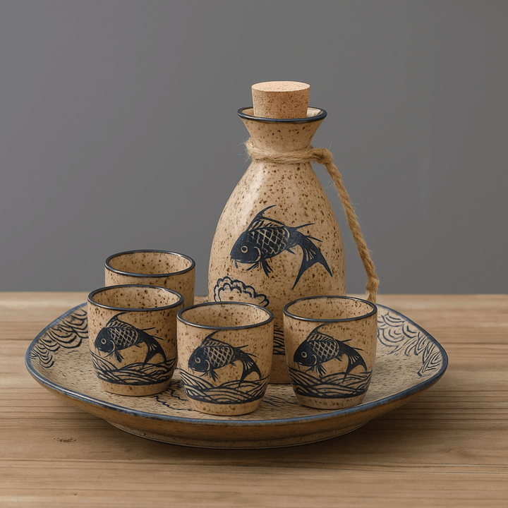 Koi Ceramic Sake Set with Warmer on round tray