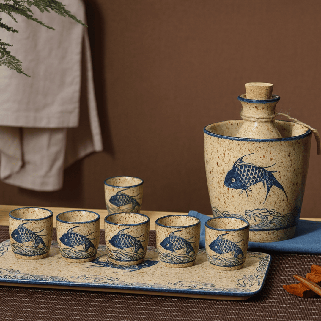 Koi Ceramic Sake Set with Warmer on rectangular tray