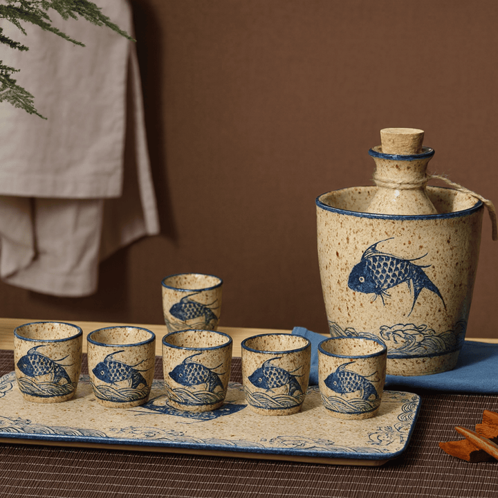 Koi Ceramic Sake Set with Warmer on rectangular tray