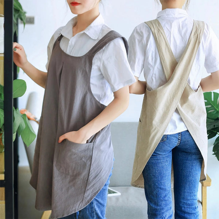 Gray and Beige Korean-Style Pinafore Aprons worn front and back view