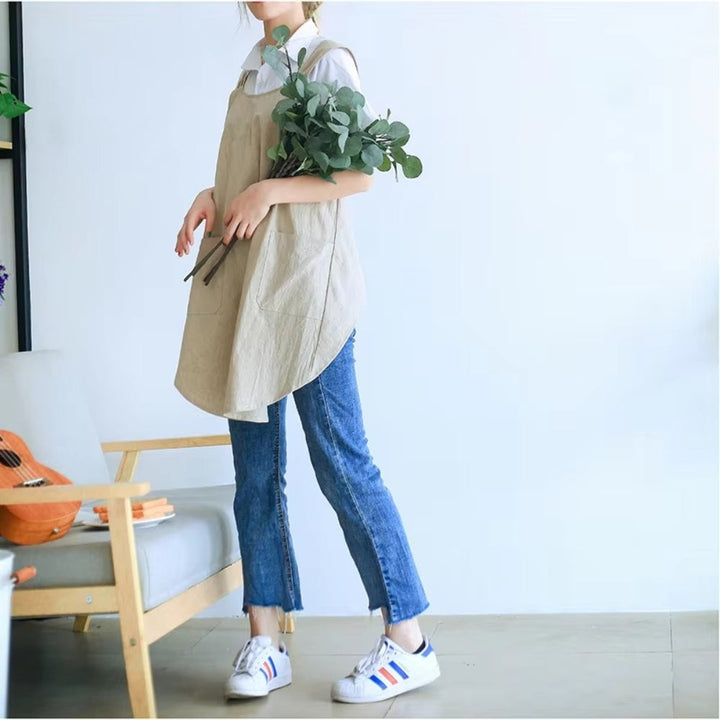 Beige Korean-Style Pinafore Apron worn side view