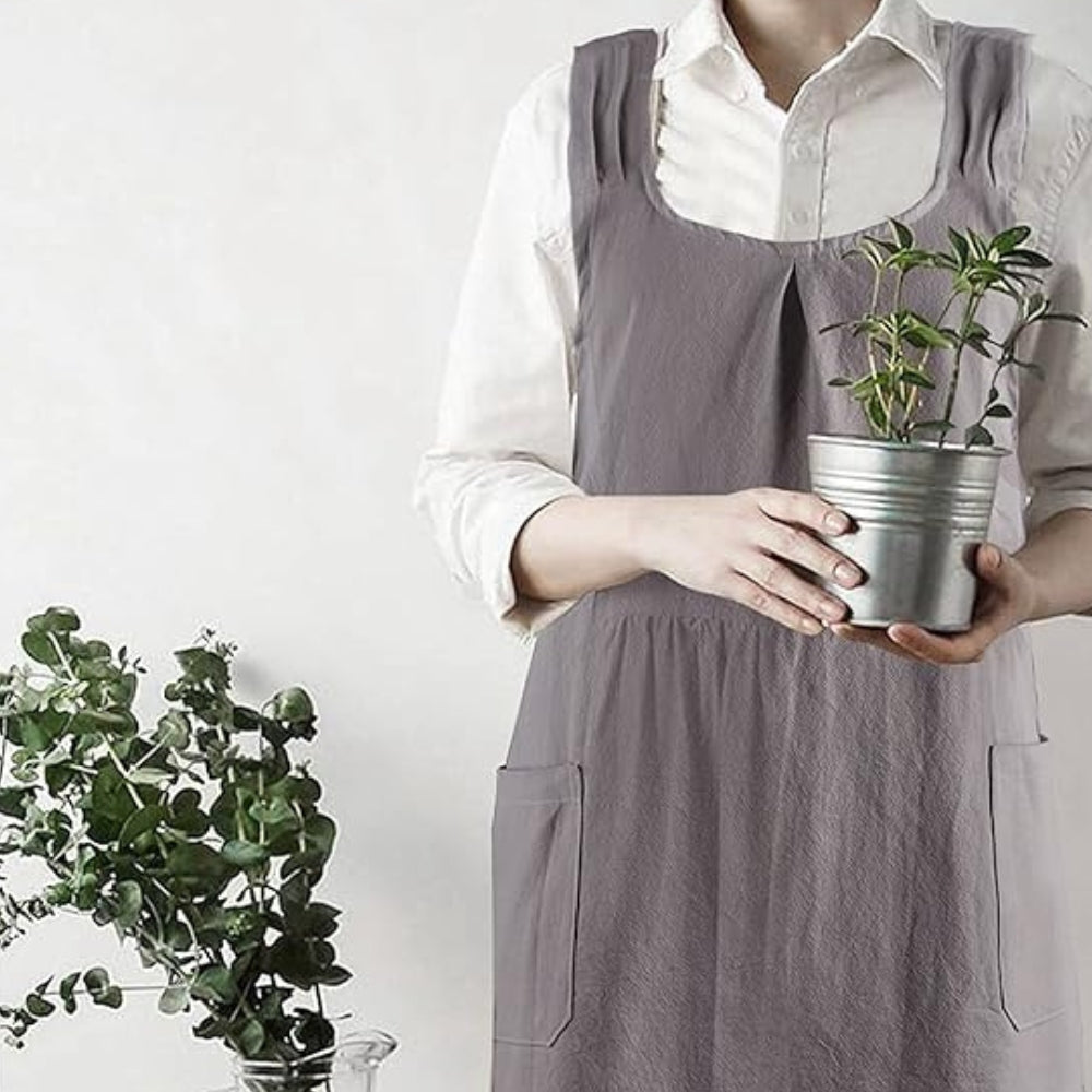 Gray Korean-Style Pinafore Apron worn while gardening