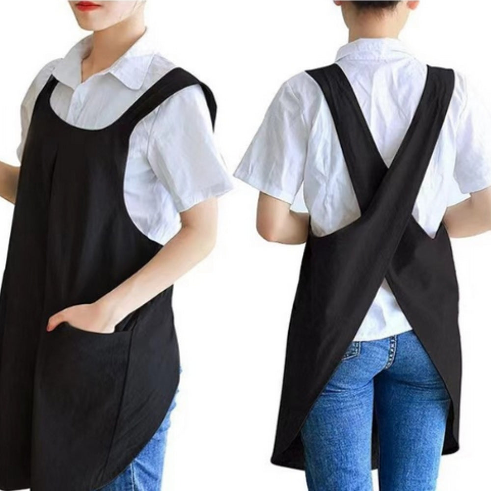 Black Korean-Style Pinafore Apron worn front and back view
