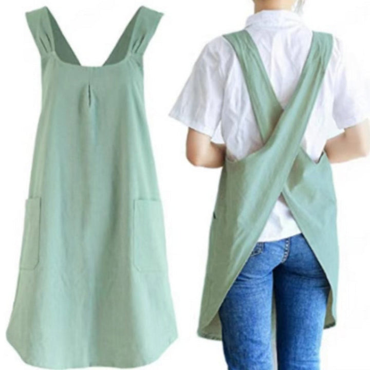 Mint Green Korean-Style Pinafore Apron front and cross-back view