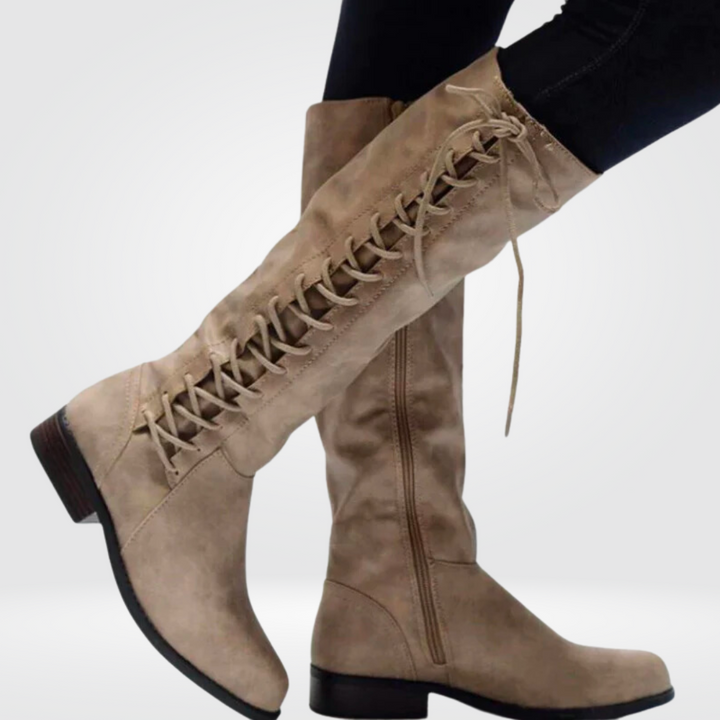 Beige Lace-Up Knee-High Boots side view