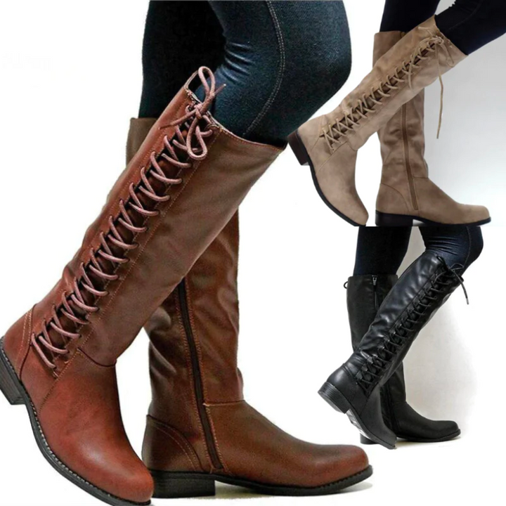 Lace-Up Knee-High Boots in Black, Beige, and Brown