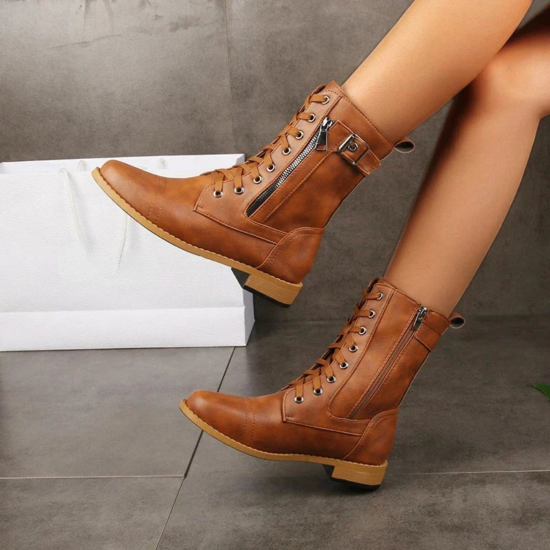 Brown Lace-Up Leather Ankle Boots worn side view