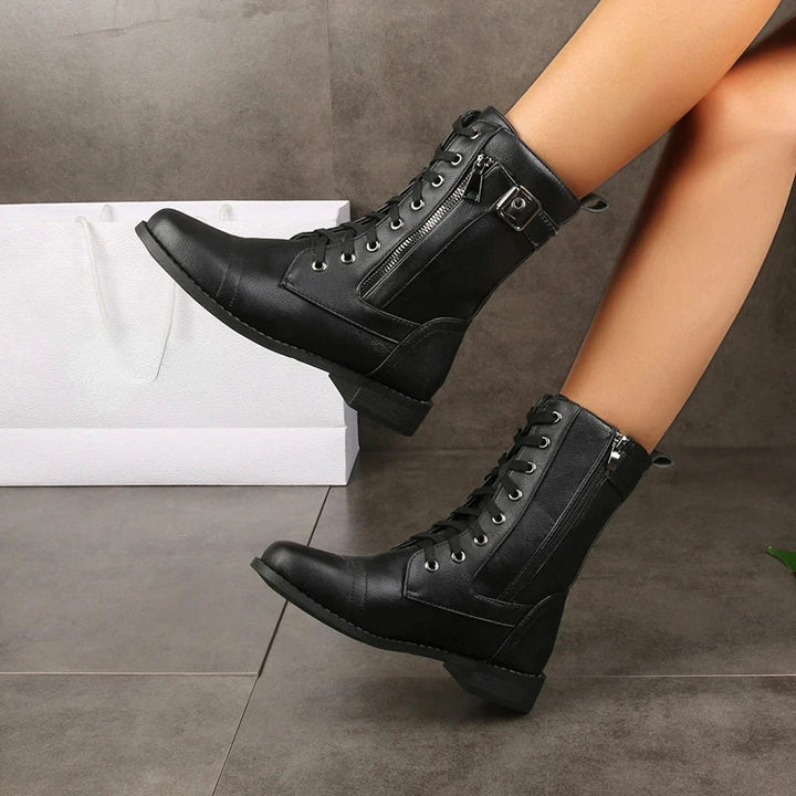Black Lace-Up Leather Ankle Boots worn side view
