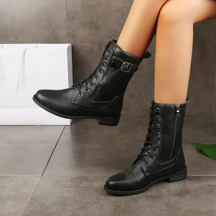 Black Lace-Up Leather Ankle Boots worn angled view