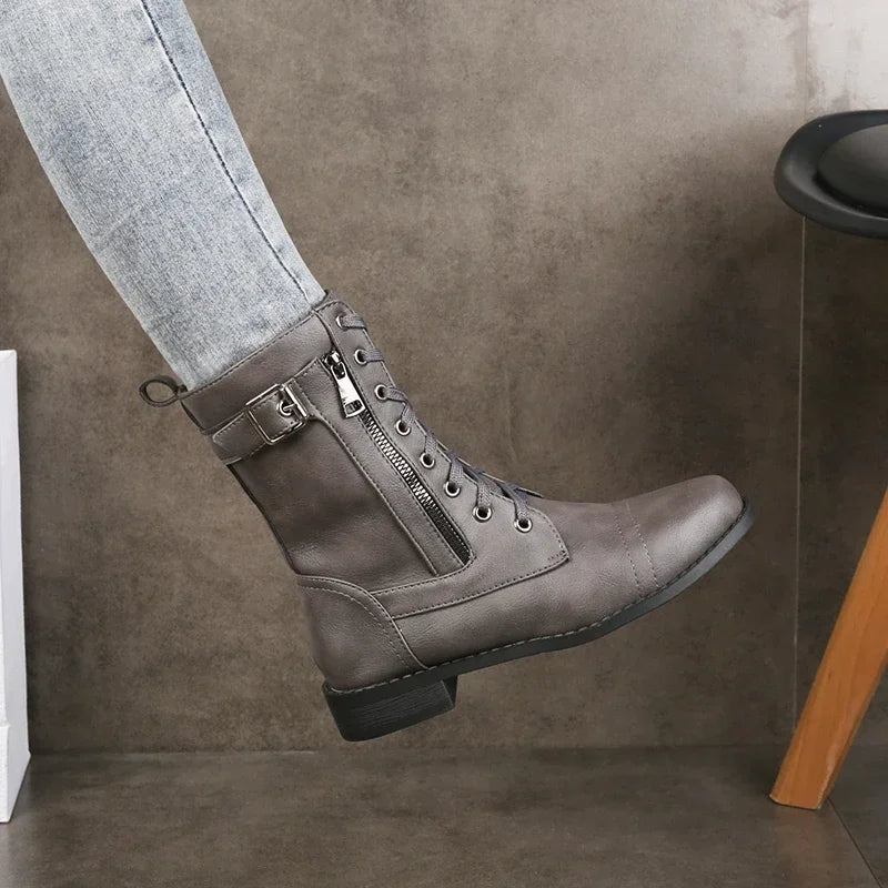 Grey Lace-Up Leather Ankle Boots worn side view
