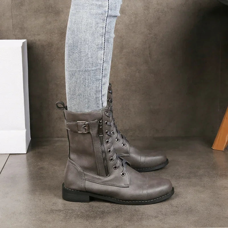 Grey Lace-Up Leather Ankle Boots worn angled view