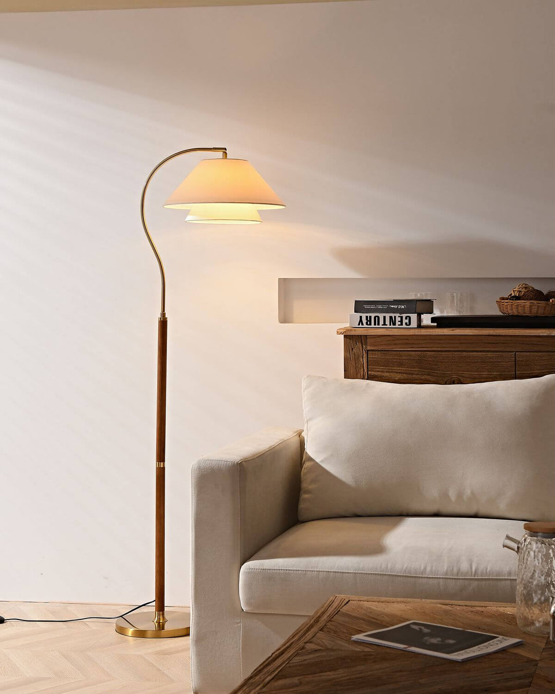 Walnut Layered Fabric Shade Arc Lamp soft ambient lighting