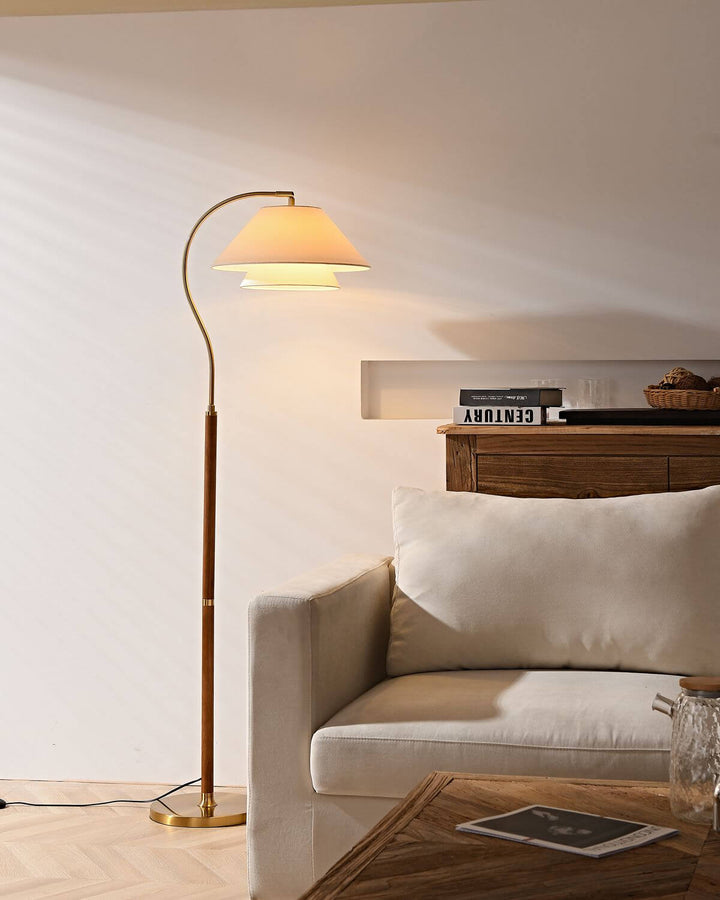 Walnut Layered Fabric Shade Arc Lamp soft ambient lighting
