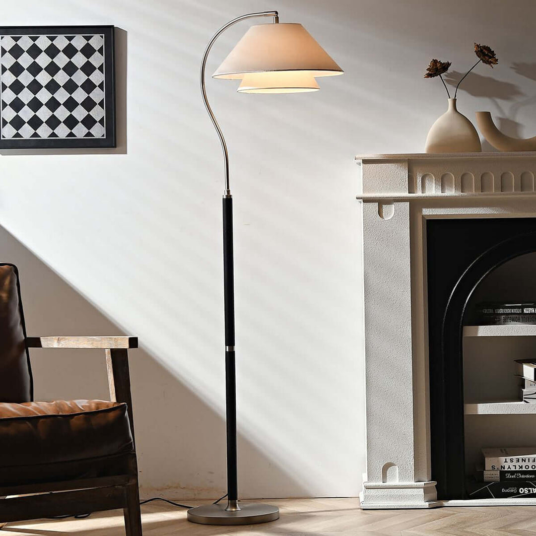 Walnut Layered Fabric Shade Arc Lamp over sofa corner