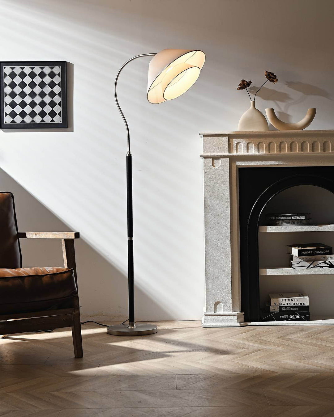 Walnut Layered Fabric Shade Arc Lamp in modern living room