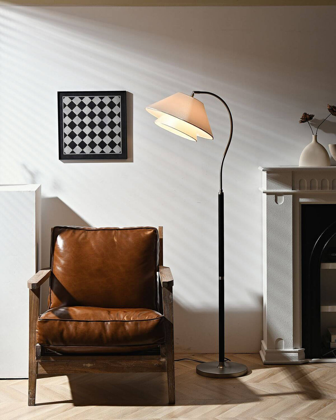 Walnut Layered Fabric Shade Arc Lamp beside brown armchair
