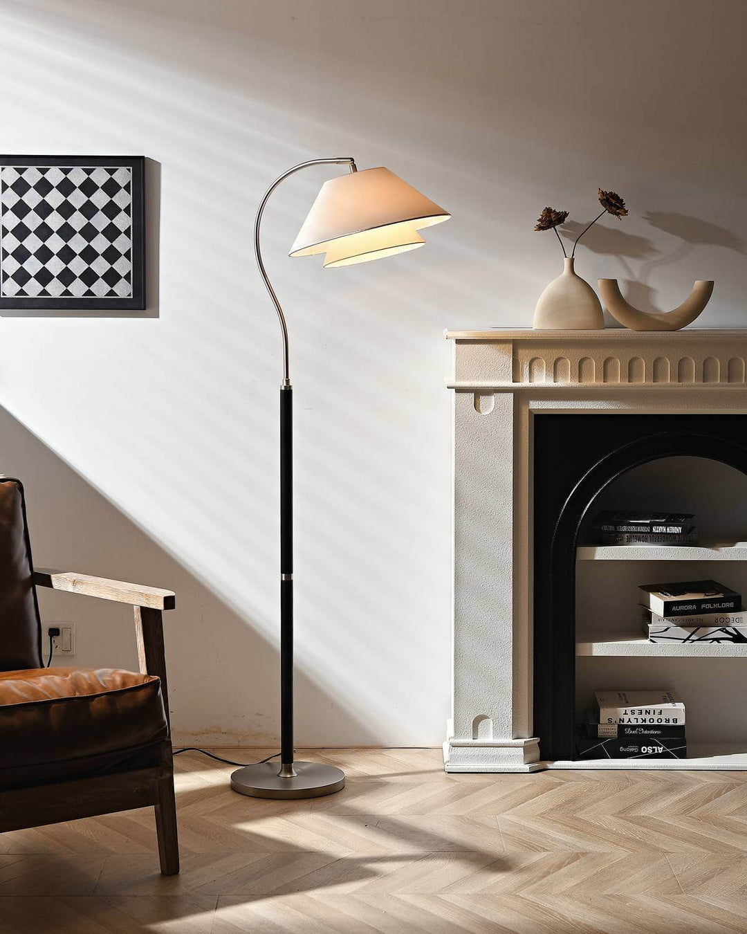 Walnut Layered Fabric Shade Arc Lamp in minimalist interior