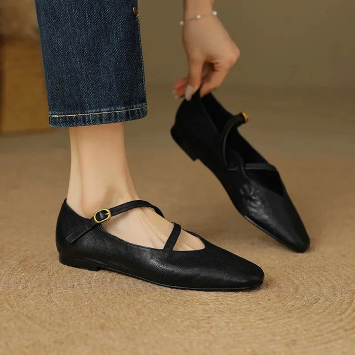 Black Leather Closed-Toe Flats front view