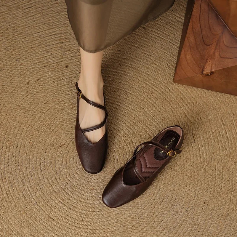 Mocha Leather Closed-Toe Flats front view