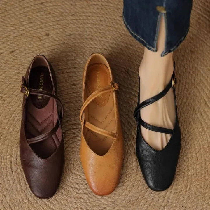 Mocha Leather Closed-Toe Flats strap detail