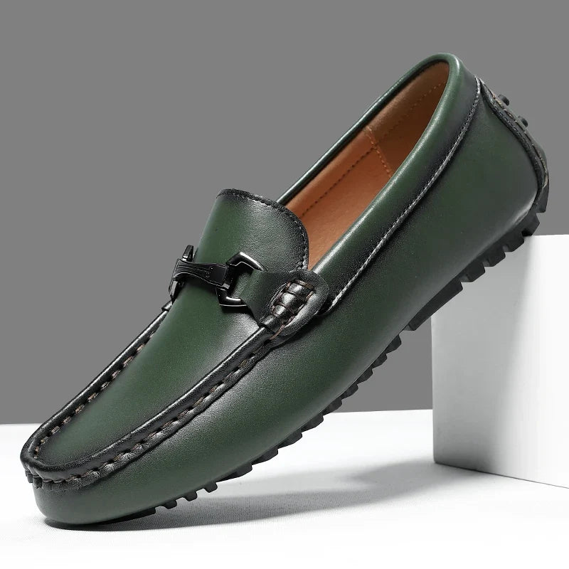 Green Leather Driving Loafers side view