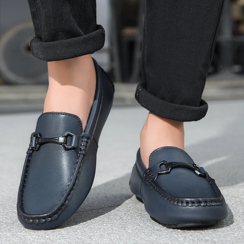 Blue Leather Driving Loafers worn front view