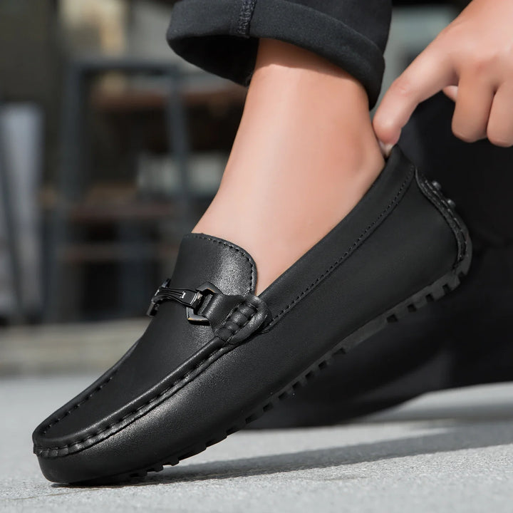 Black Leather Driving Loafers worn close-up