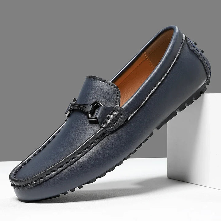 Blue Leather Driving Loafers side view