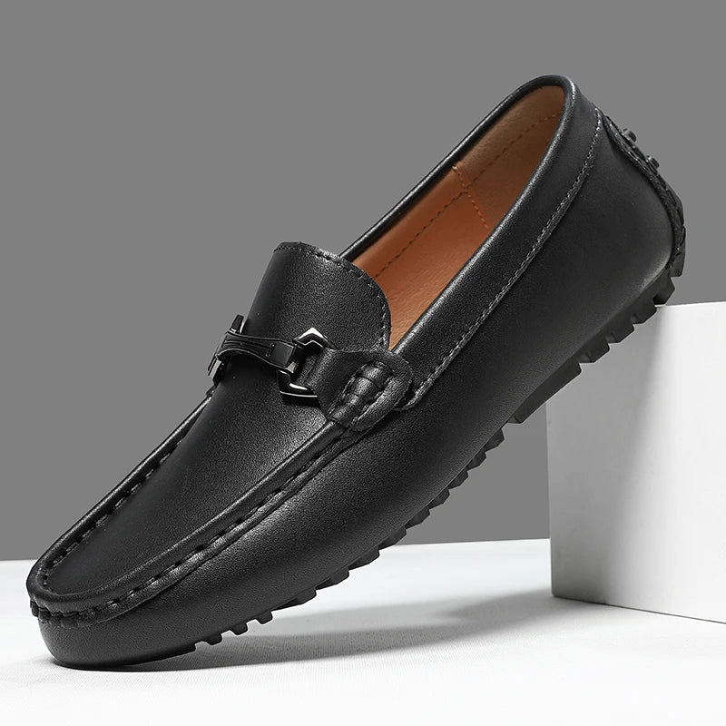 Black Leather Driving Loafers side view