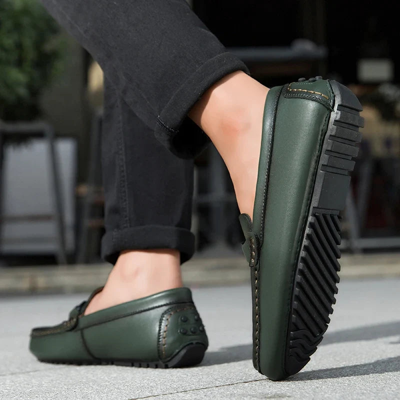 Green Leather Driving Loafers worn showing sole