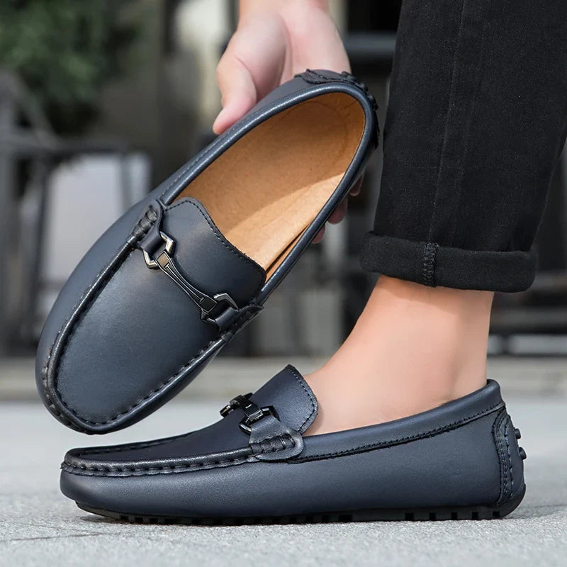 Blue Leather Driving Loafers worn and held