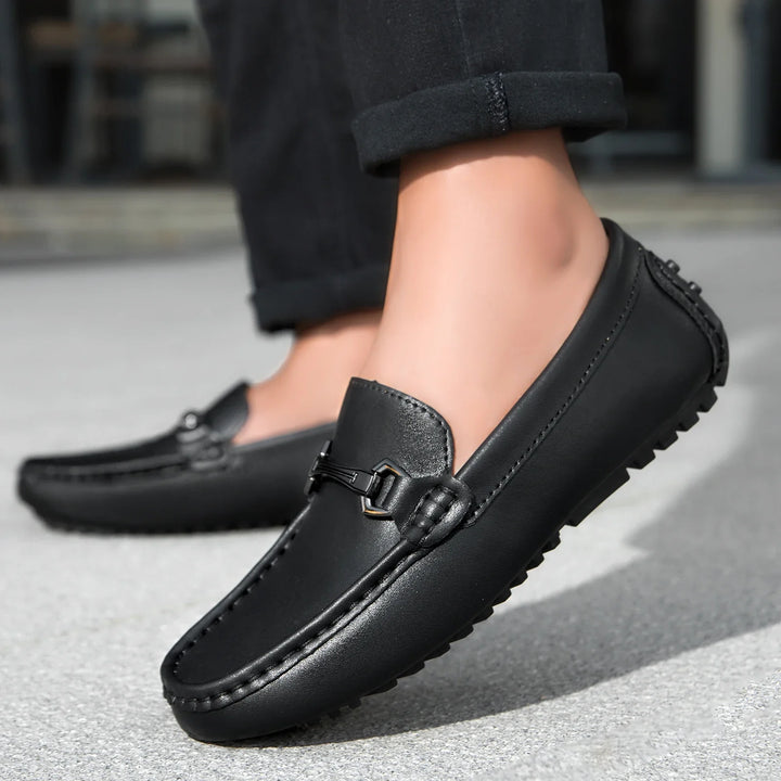 Black Leather Driving Loafers worn side view