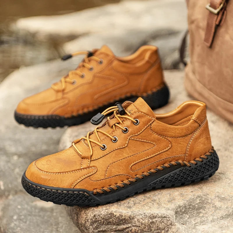 Light Brown Leather Hiking Shoes pair outdoors
