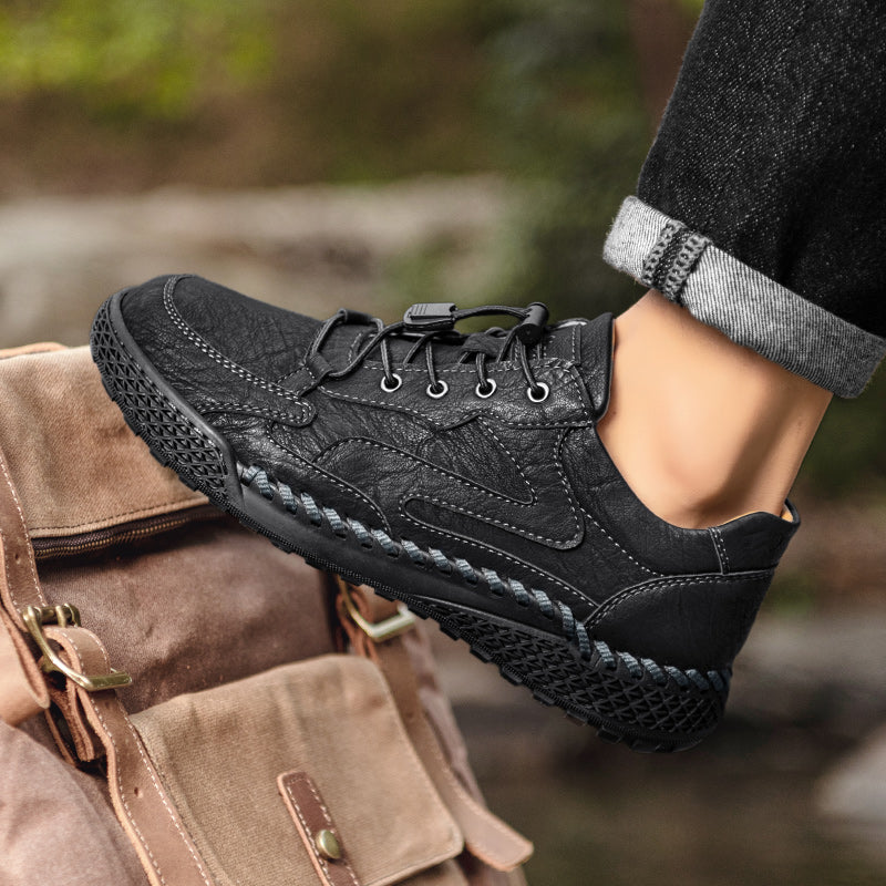 Black Leather Hiking Shoes worn outdoors