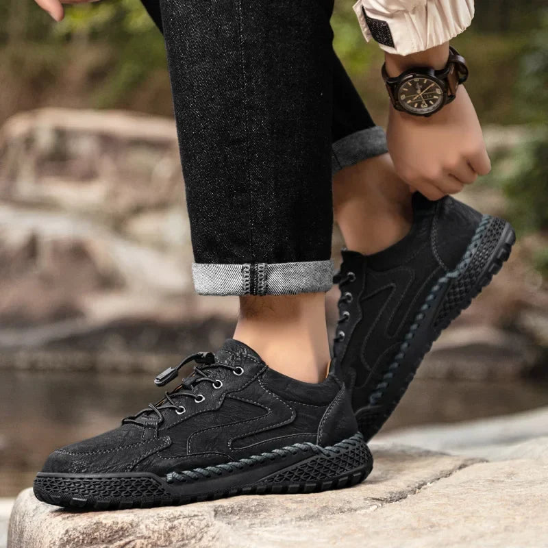 Black Leather Hiking Shoes worn side view