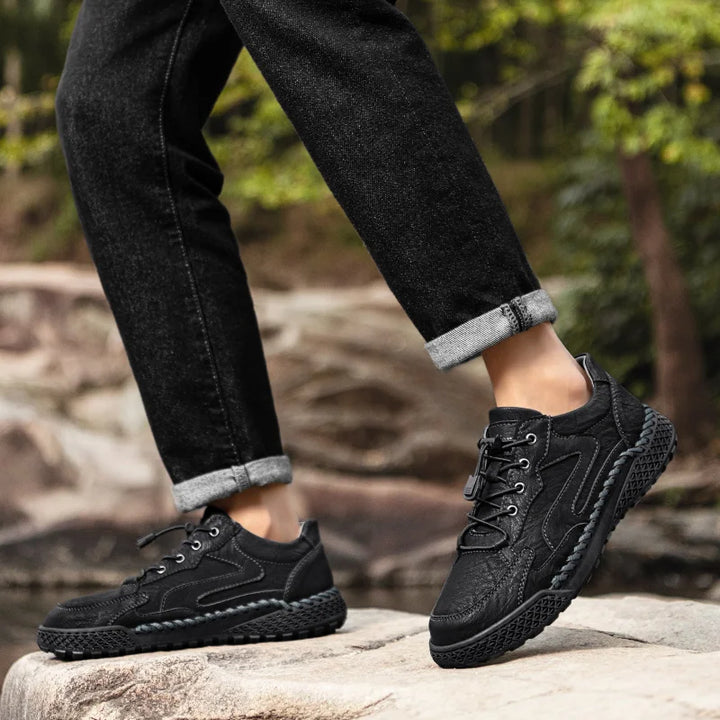 Black Leather Hiking Shoes worn lifestyle