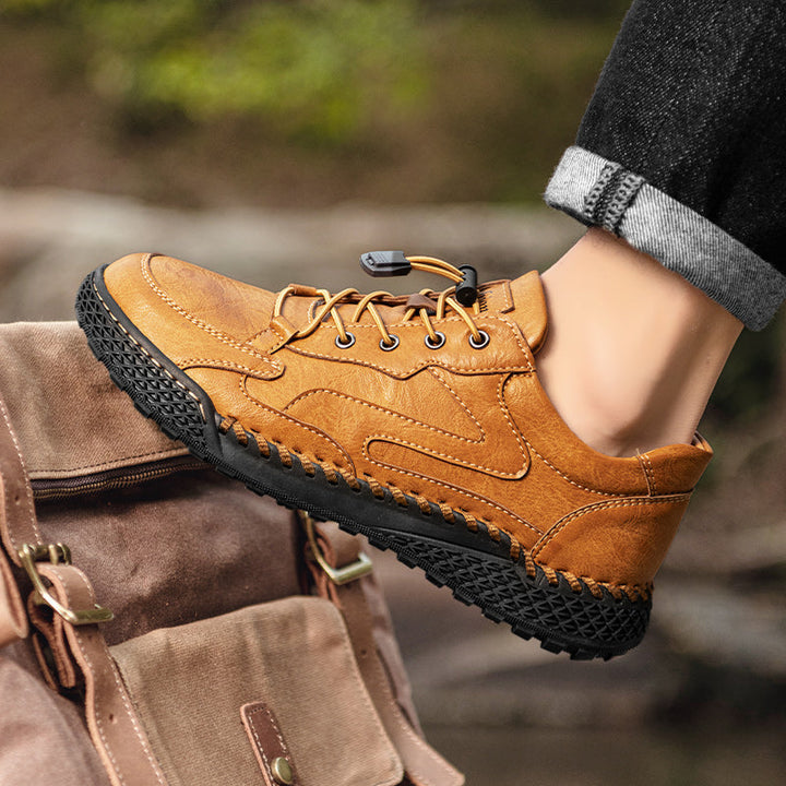 Light Brown Leather Hiking Shoes worn outdoors