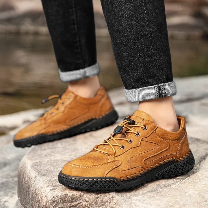 Light Brown Leather Hiking Shoes worn side view