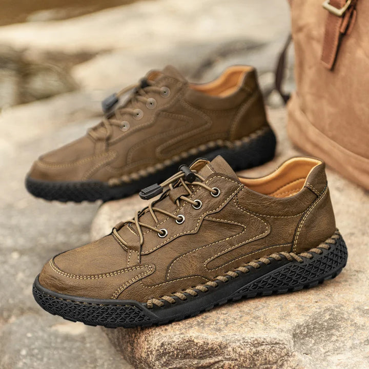 Dark Brown Leather Hiking Shoes pair outdoors
