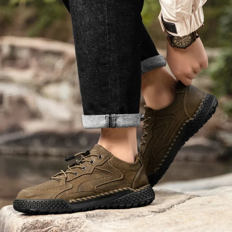 Dark Brown Leather Hiking Shoes worn outdoors