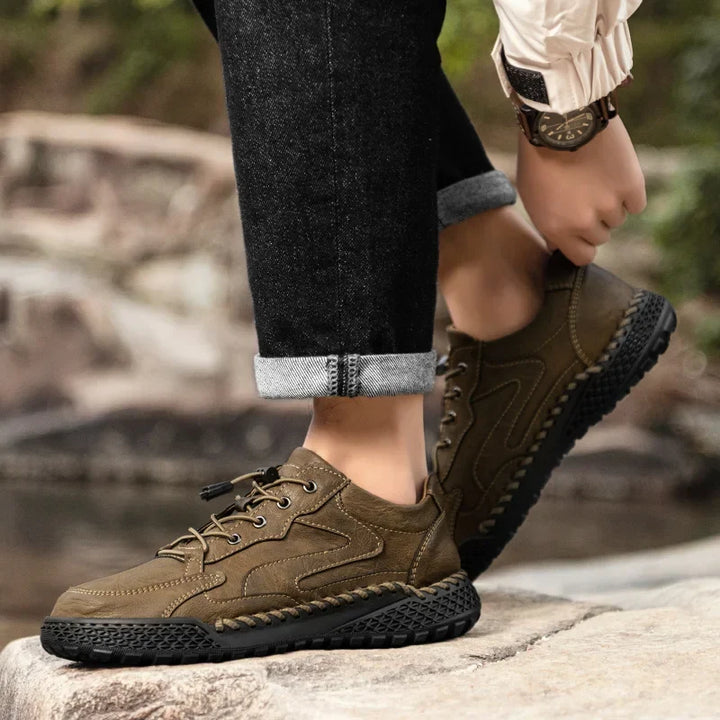 Dark Brown Leather Hiking Shoes worn outdoors