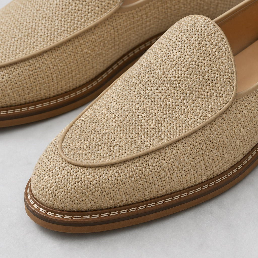 Sand Raffia Leather-Lined Loafers woven texture and welt stitch detail