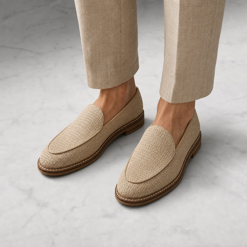 Sand Raffia Leather-Lined Loafers worn front view