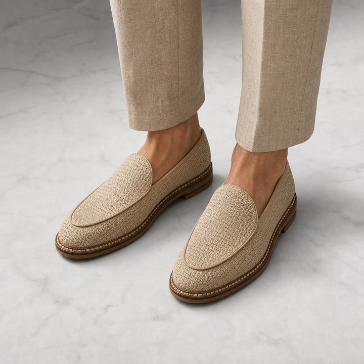 Sand Raffia Leather-Lined Loafers worn front view